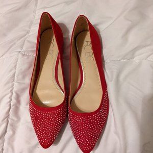 BCBG Paris Red Suede Pointed Toe Flats with Silver Beaded Embelishment, Sz. 6